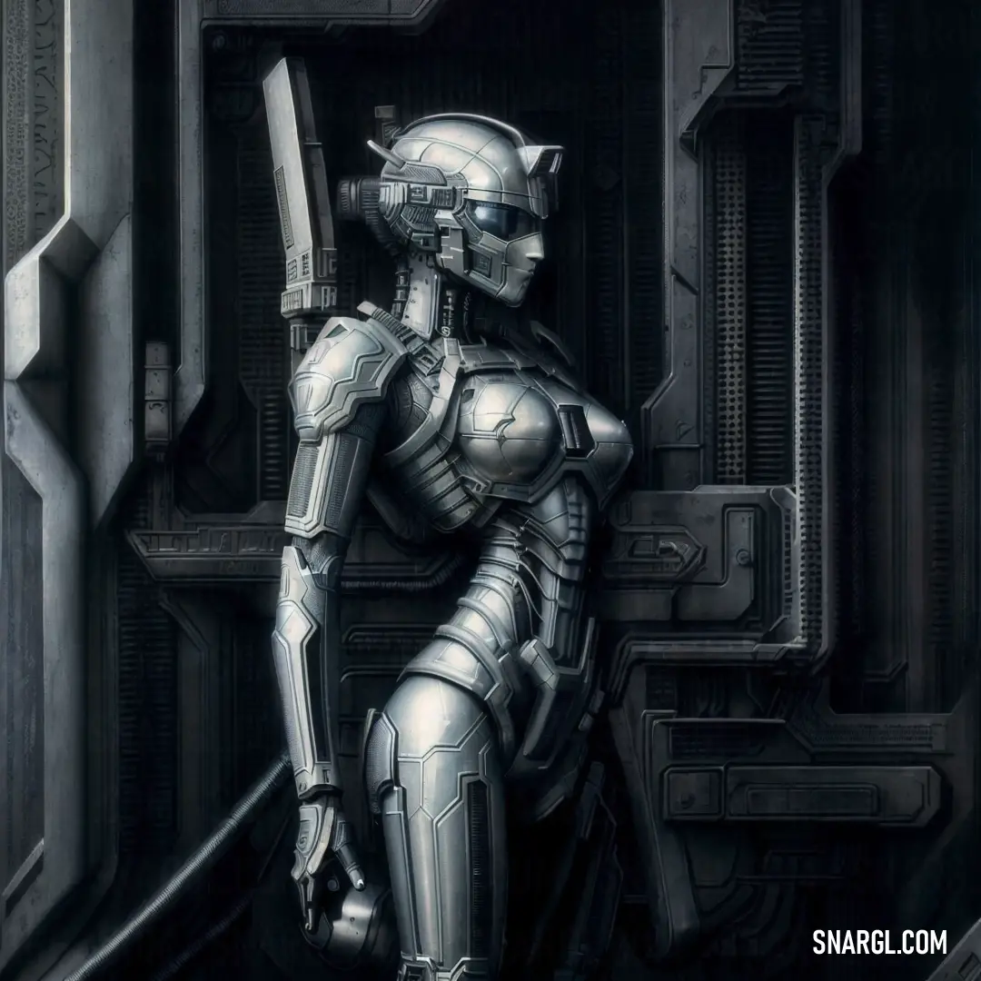 Woman in a futuristic suit holding a sword in a doorway