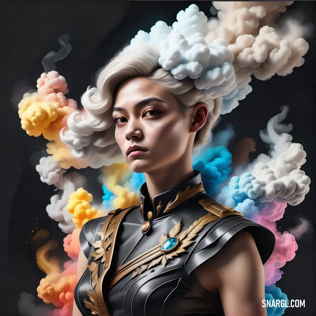 Woman with a cloud of smoke behind her head and a black background. Example of CMYK 0,0,0,100 color.