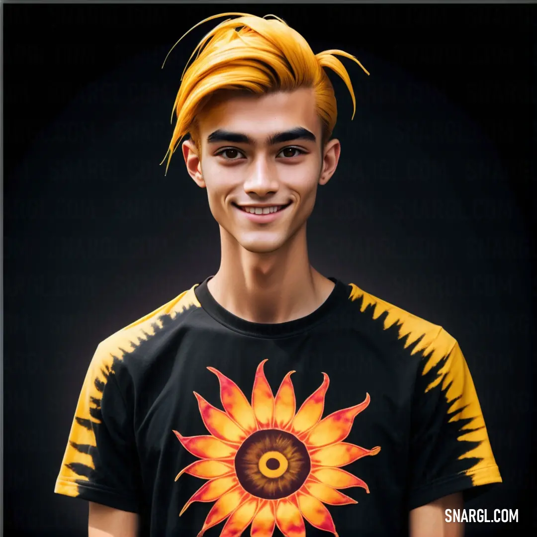Young man with a yellow mohawk and a black shirt with a sunflower on it. Example of #000000 color.