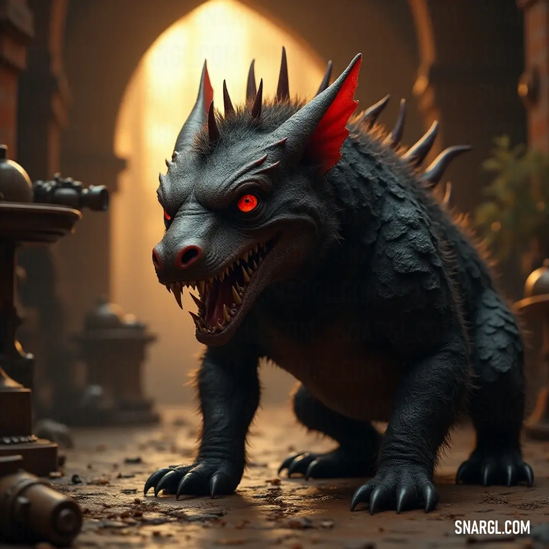 Demonic Blackclaw Chupacabra with red eyes and horns in a foreboding environment. A sinister-looking Demonic Blackclaw Chupacabra, featuring piercing red eyes and menacing horns, stands on a cold, dark floor, surrounded by a haunting ambiance of flickering light and eerie silence.
