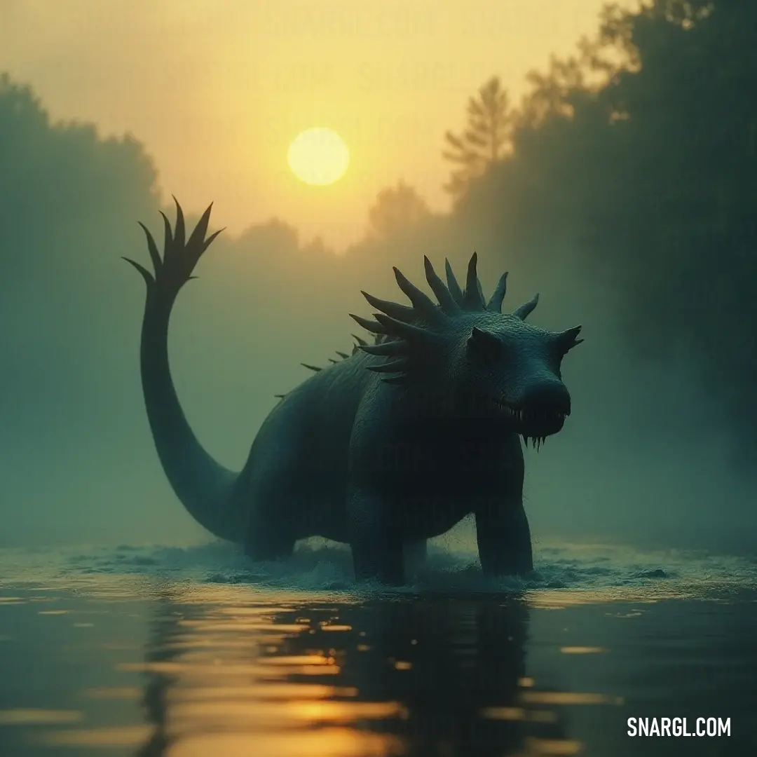 Majestic Blackclaw Chupacabra stands gracefully in soothing waters at sunset. A colossal Blackclaw Chupacabra stands majestically in tranquil waters at dusk, its mouth agape and eyes serene, as the sunset casts a golden glow upon its formidable form, reflecting nature's grandeur.