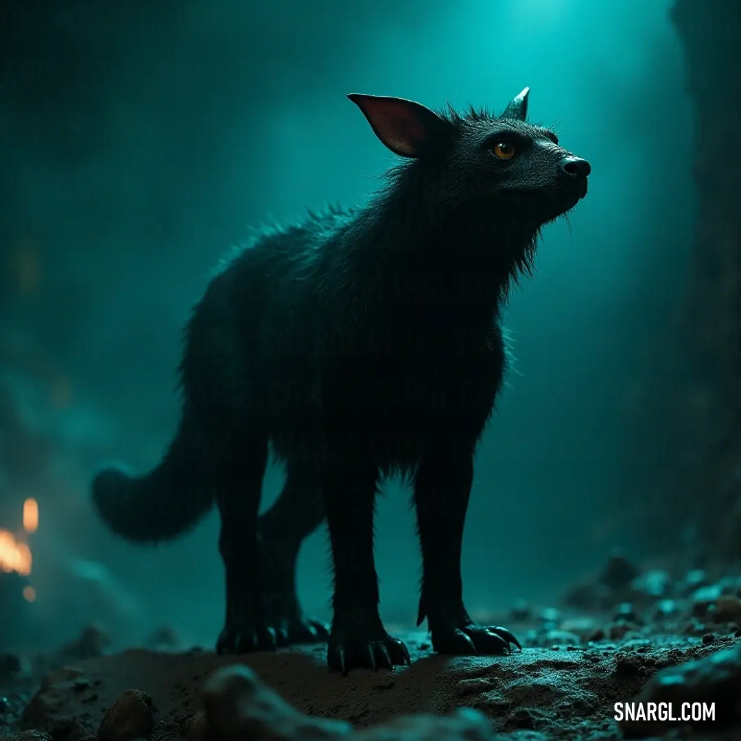 A fierce Blackfur Chupacabra stands resolutely on rugged rocks within a dimly lit cave, its enigmatic features accentuated by a beam of light that draws attention to its captivating yet fearsome demeanor. A Blackfur Chupacabra with a striking dark coat stands proudly on rocky terrain, illuminated by a subtle light that highlights its fierce features, creating a captivating juxtaposition between the shadows of the cave and its commanding presence.