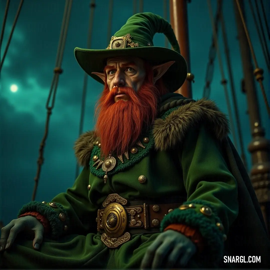 Blaithín with a red beard in a green coat and hat, navigating the open sea, standing steadfast aboard his boat under a boundless sky. Blaithín with a red beard, dressed in a green coat and hat, stands aboard a boat as it drifts through the vast ocean. The boat gently rocks in the water while Blaithín peers into the horizon, seemingly deep in thought.