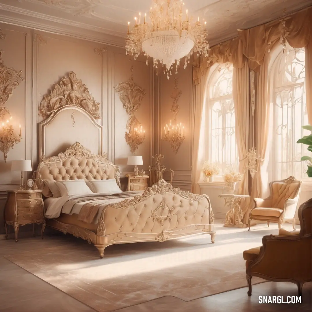 Fancy bedroom with a large bed and chandelier and a chair and a table with a vase. Example of #FFEBCD color.