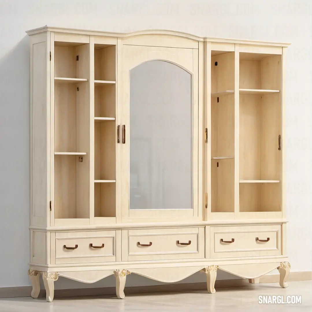 White cabinet with a mirror and drawers on it's sides and a shelf. Color CMYK 0,8,20,0.