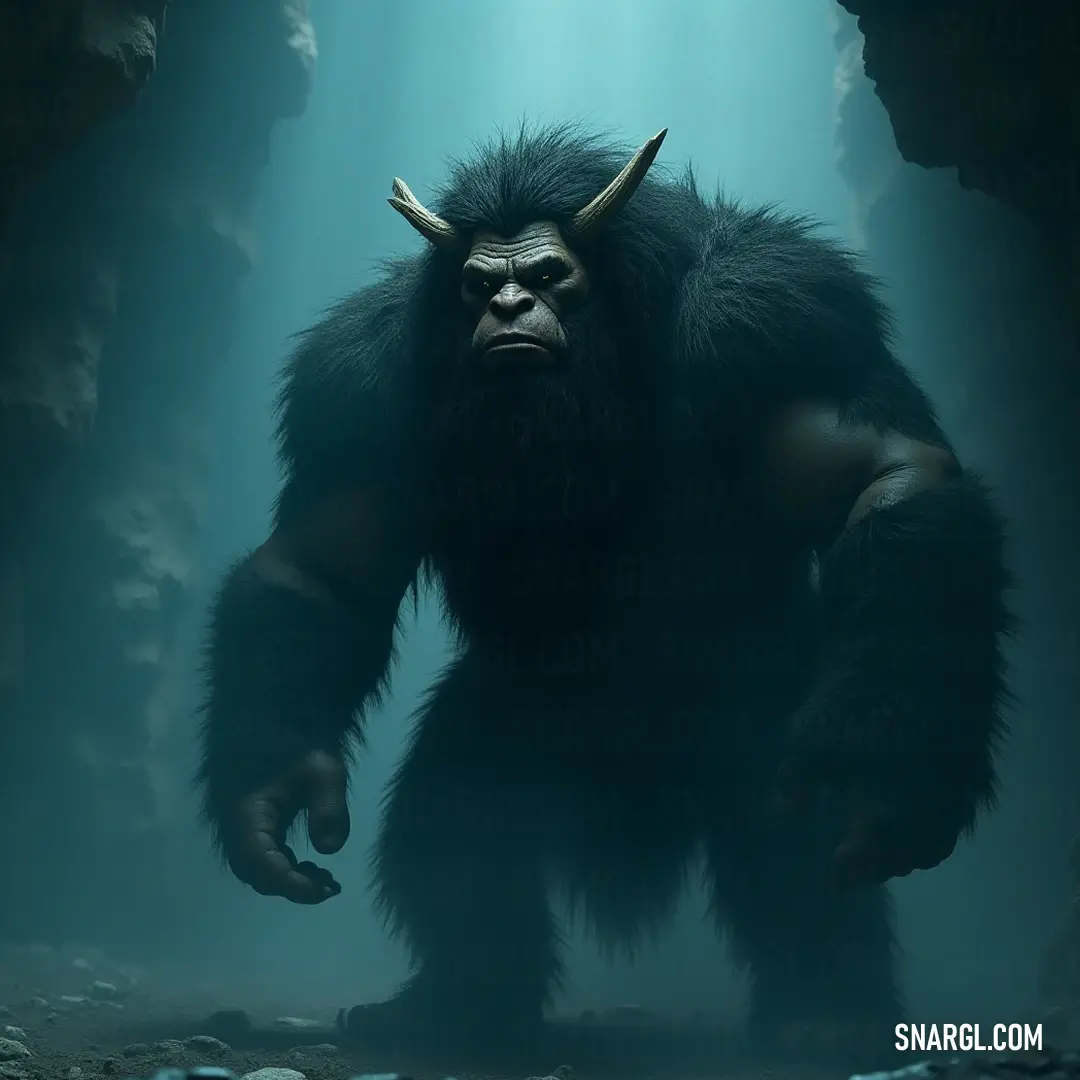 Thoughtful Blarg Illuminated in a Cave A large, furry Blarg gazes thoughtfully from the shadows of a mystical cave, where beams of light highlight its features, creating an air of mystery and intrigue.