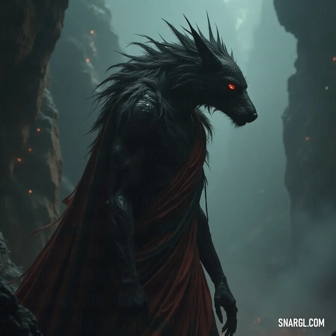 A fierce entity with red eyes and a majestic cape stands poised in a shadowy cave, illuminated by an inner fire that gives life to the darkness surrounding it, commanding respect and fear. An imposing figure with blazing red eyes and a flowing crimson cape stands in a shadowy cave, its fiery visage mirrored in the stone walls, creating an aura of pure power and intimidation that resonates through the dark.