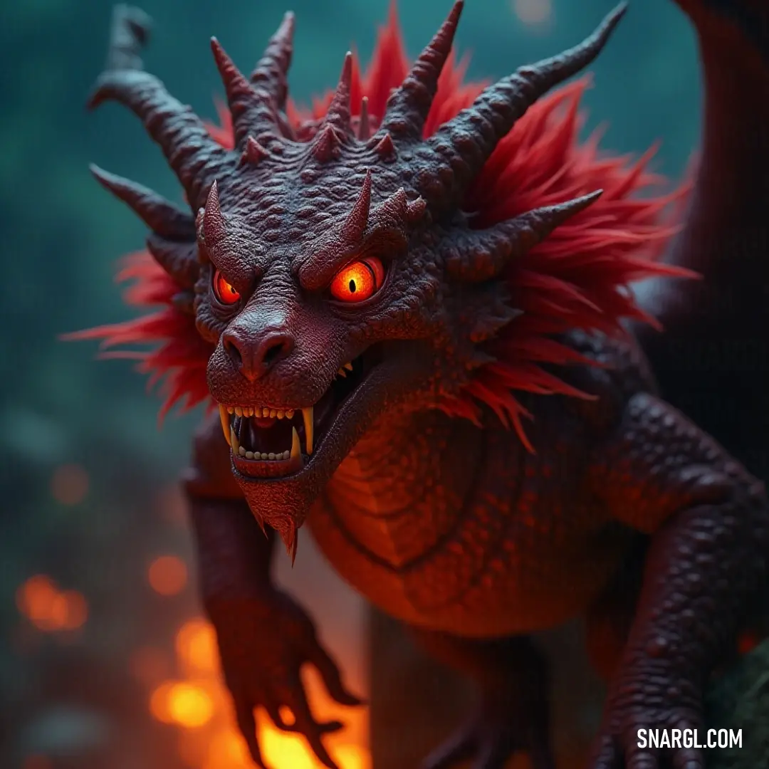 A close-up of a Blaze Dragon showcases its fierce red eyes and intricately detailed red hair, reflecting a fierce and majestic demeanor, exuding an aura of power and agility that captivates the beholder.