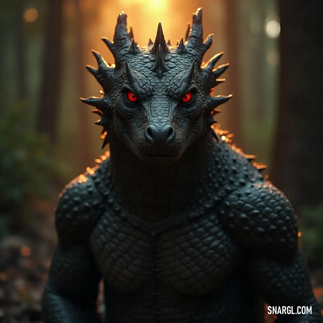 A fierce Blaze Dragon, with glowing red eyes and fiery scales, roams a forest dense with trees. The dragon’s mighty form is framed by the wild beauty of the forest, with leaves and branches framing this mythical creature in an epic scene.