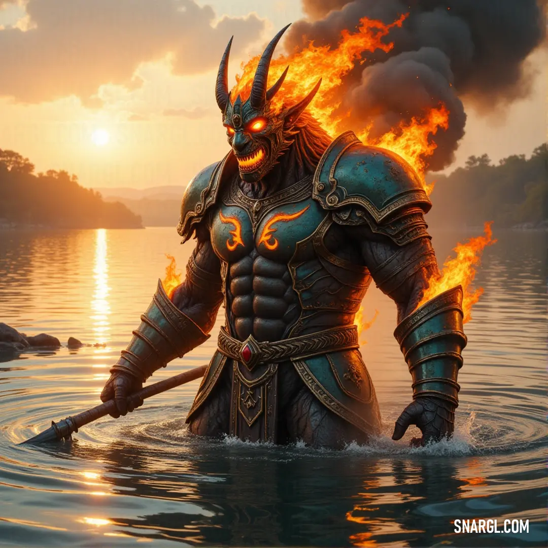 The Blaze Elemental rises from the water, flames dancing across his body, while a fire demon clings to his back, both figures a blazing contrast to the calmness of the water. The Blaze Elemental, a fiery being, emerges from the water, a fire demon perched on his back. Flames and steam rise from the water, creating a dramatic contrast between the elemental’s fiery nature and the cool waters.