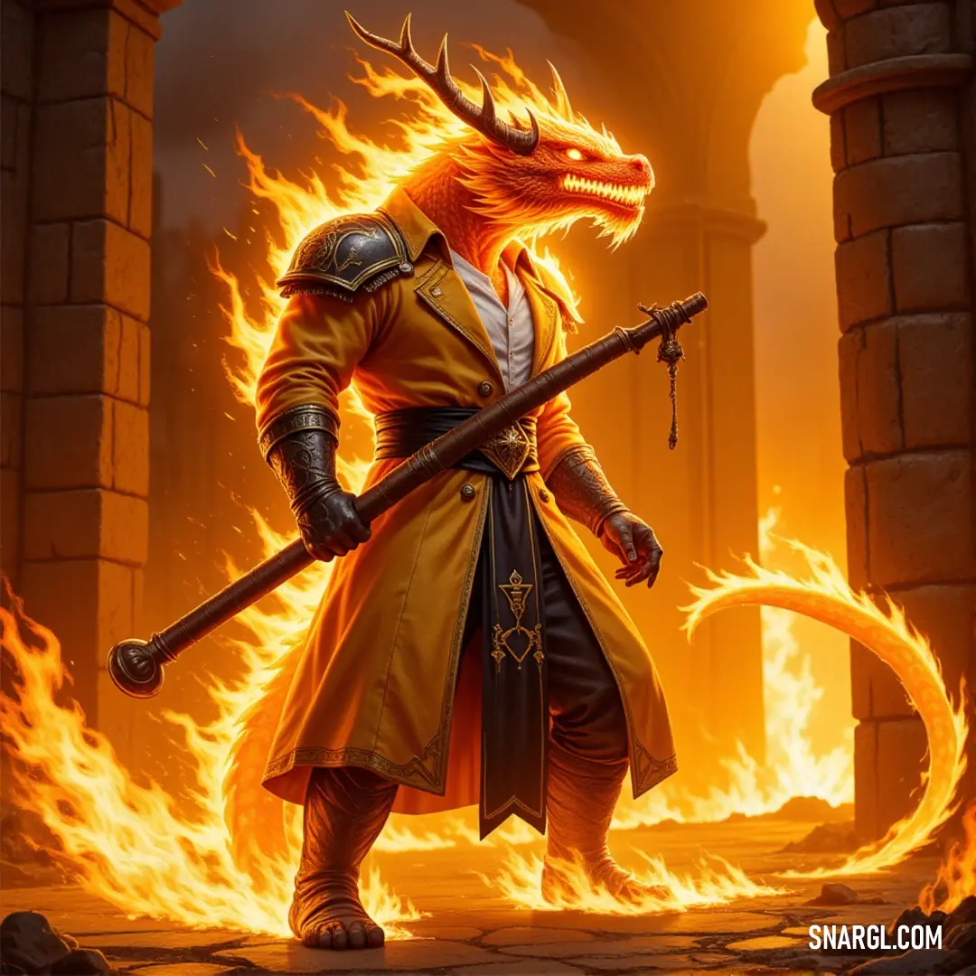 Dragon with Sword Standing Before a Fire-Filled Archway A dragon, its scales glimmering, stands tall before a fiery archway. With a sword gripped in its claws and a fierce Blaze Wyrm-like head, it prepares to defend its domain against any who dare approach.