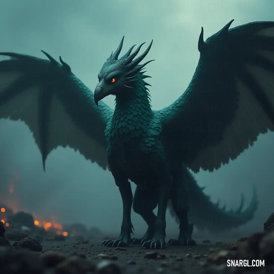 A striking green blazebeak stands on rugged rocks, wings spread wide, with its radiant eyes illuminating the shadows beyond. A majestic green blazebeak perches on rocky terrain, its impressive wings fully extended while its glowing eyes peer into the dimly lit distance, creating an air of mystery and allure in the surrounding darkness.
