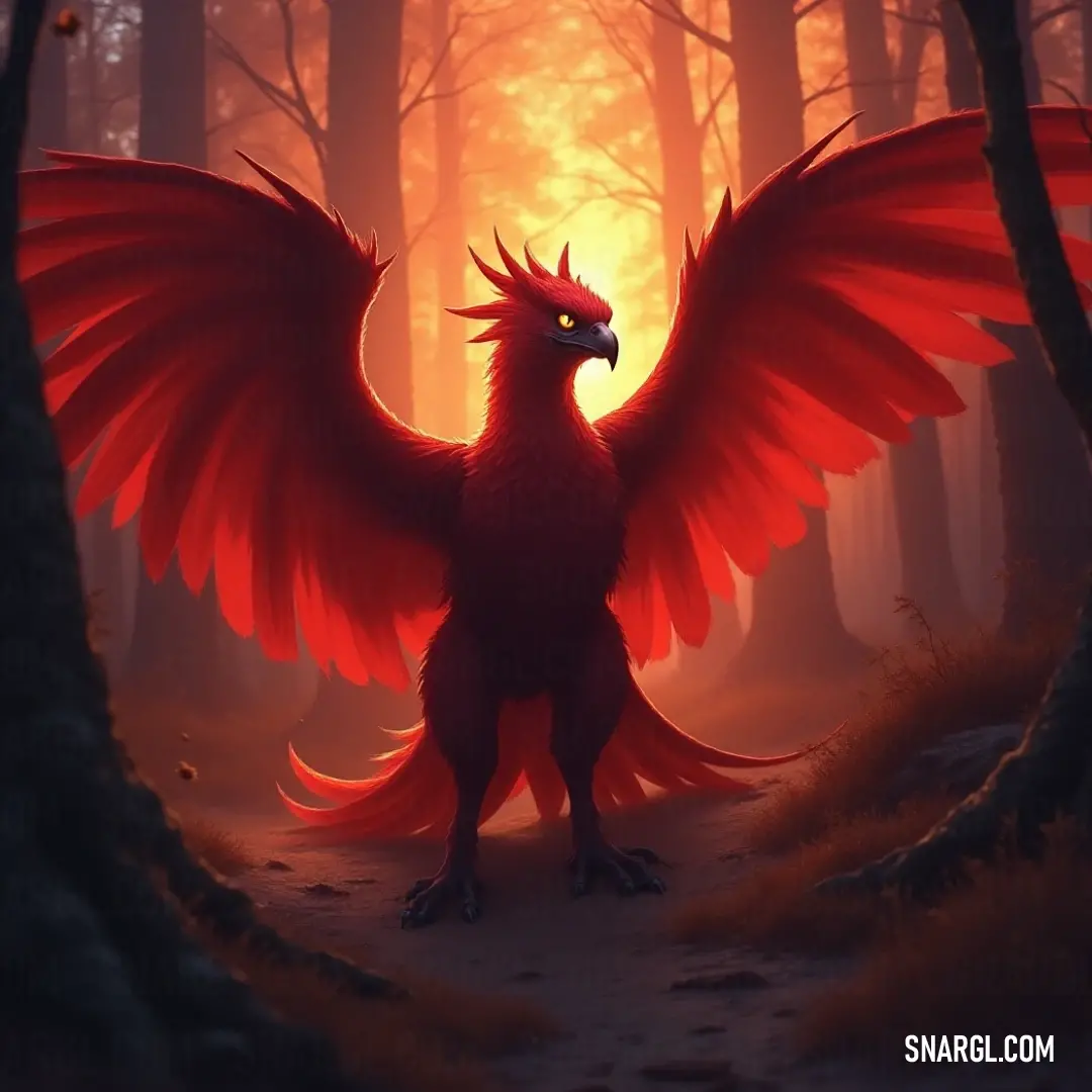 The powerful Red Blazebeak spreads its magnificent wings wide, surrounded by a serene forest backdrop at sunset, with rays of golden light highlighting its vibrant plumage.