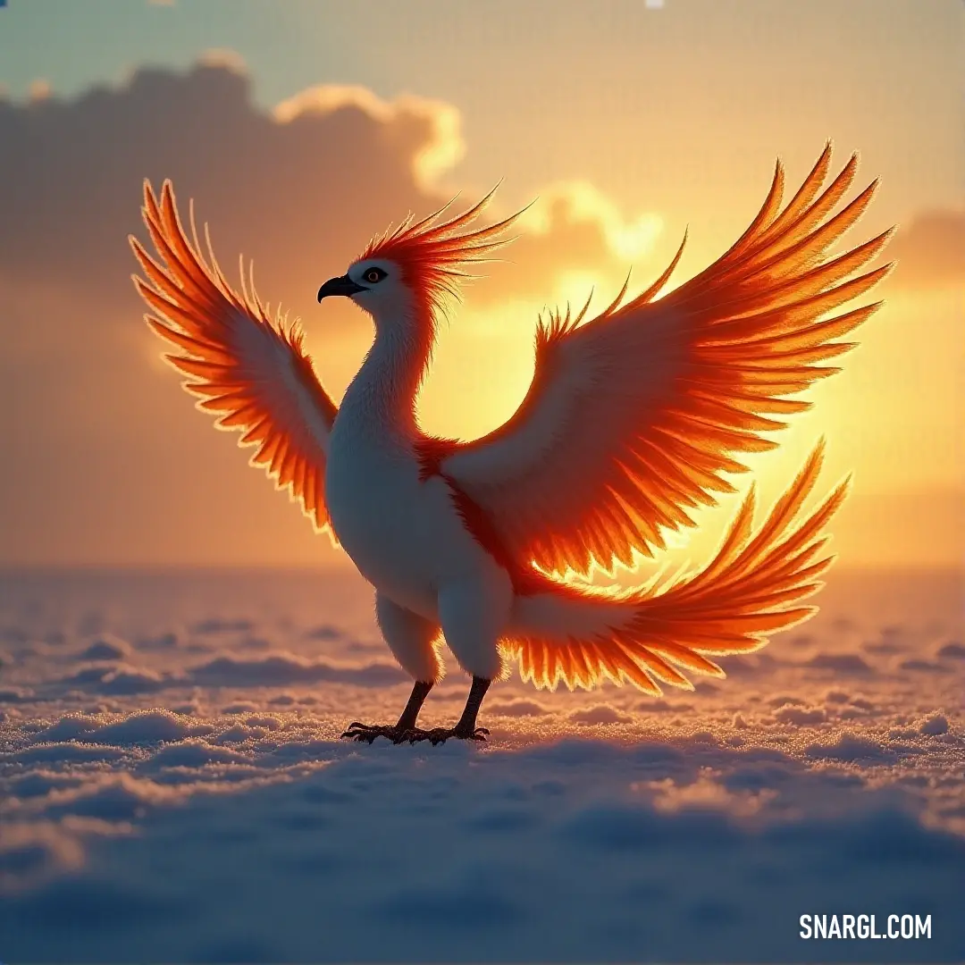 Blazeheart with its wings wide open in the snow at sunset, embracing the warmth of the fading light amidst the cold. A majestic Blazeheart spreads its vibrant wings in a snow-covered landscape, with the warm hues of a setting sun casting a golden glow over the serene, icy terrain.