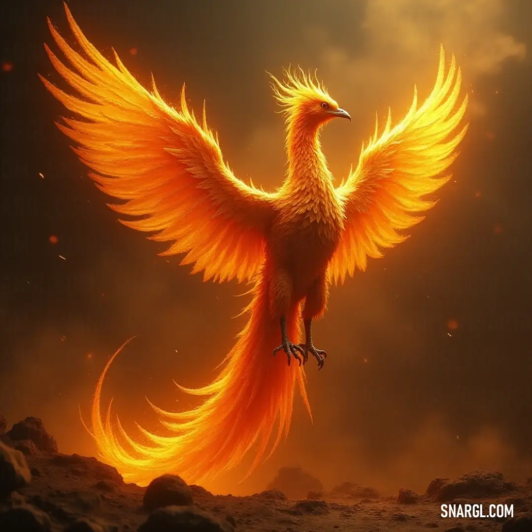 Blazephoenix flying high with outstretched wings, its glowing orange feathers trailing light across the sky. A Blazephoenix with brilliant orange feathers soars through the air, its wings fully extended as it cuts through the sky. The fiery plumage leaves a trail of light as it moves, creating a stunning display of power and freedom.
