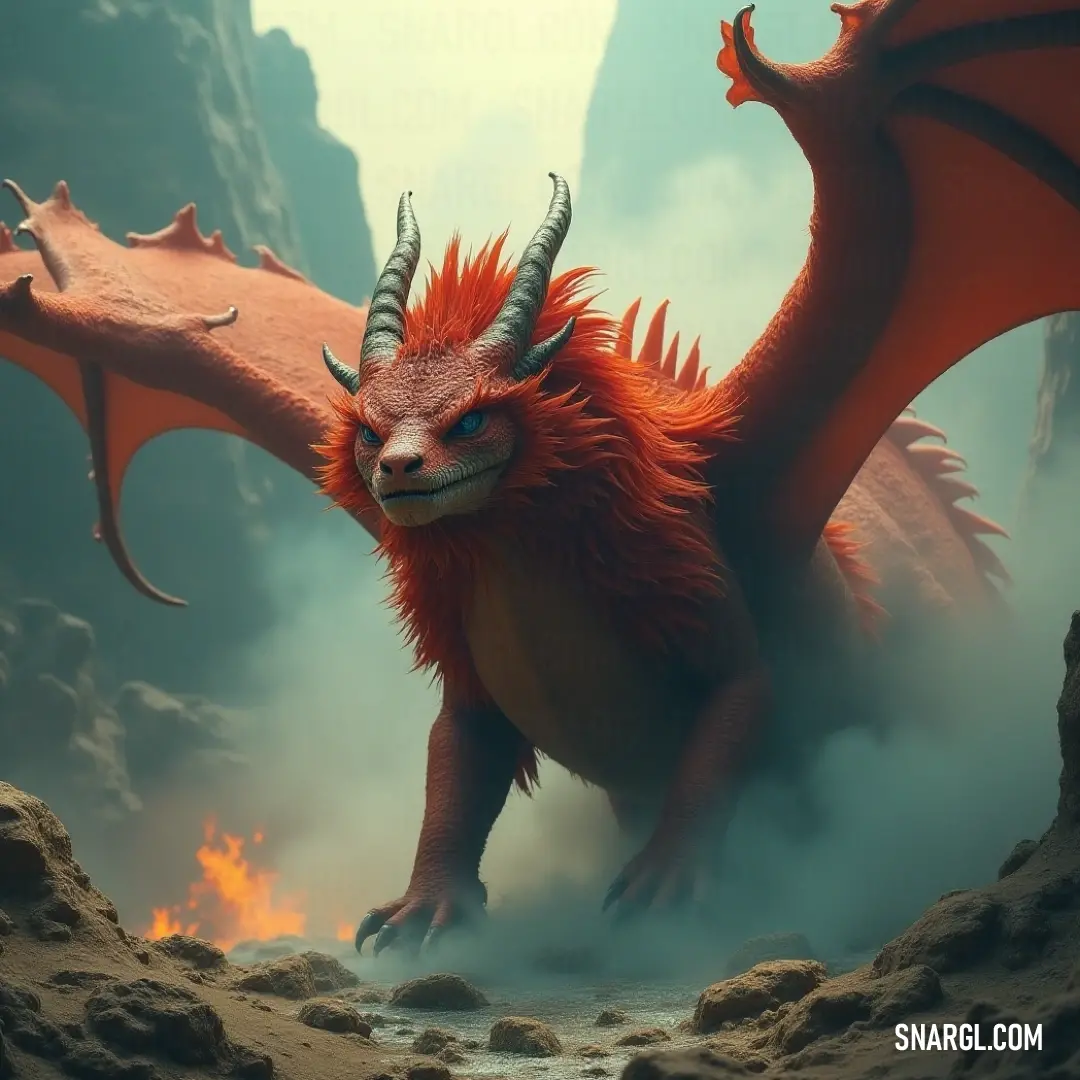 An awe-inspiring Red Blazewing statue with majestic horns, standing tall in a rugged rocky landscape, with embers dancing in the background, portraying a fierce spirit and resilience against adversity.