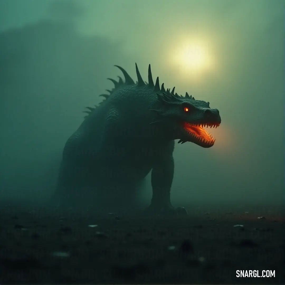 Godzilla’s glowing roar fills the foggy night as the sun rises behind it, creating a chilling yet captivating atmosphere. Godzilla, roaring with its mouth wide open, glows menacingly against a foggy night sky, with the rising sun casting a golden halo around its massive form, creating a sense of awe and foreboding.