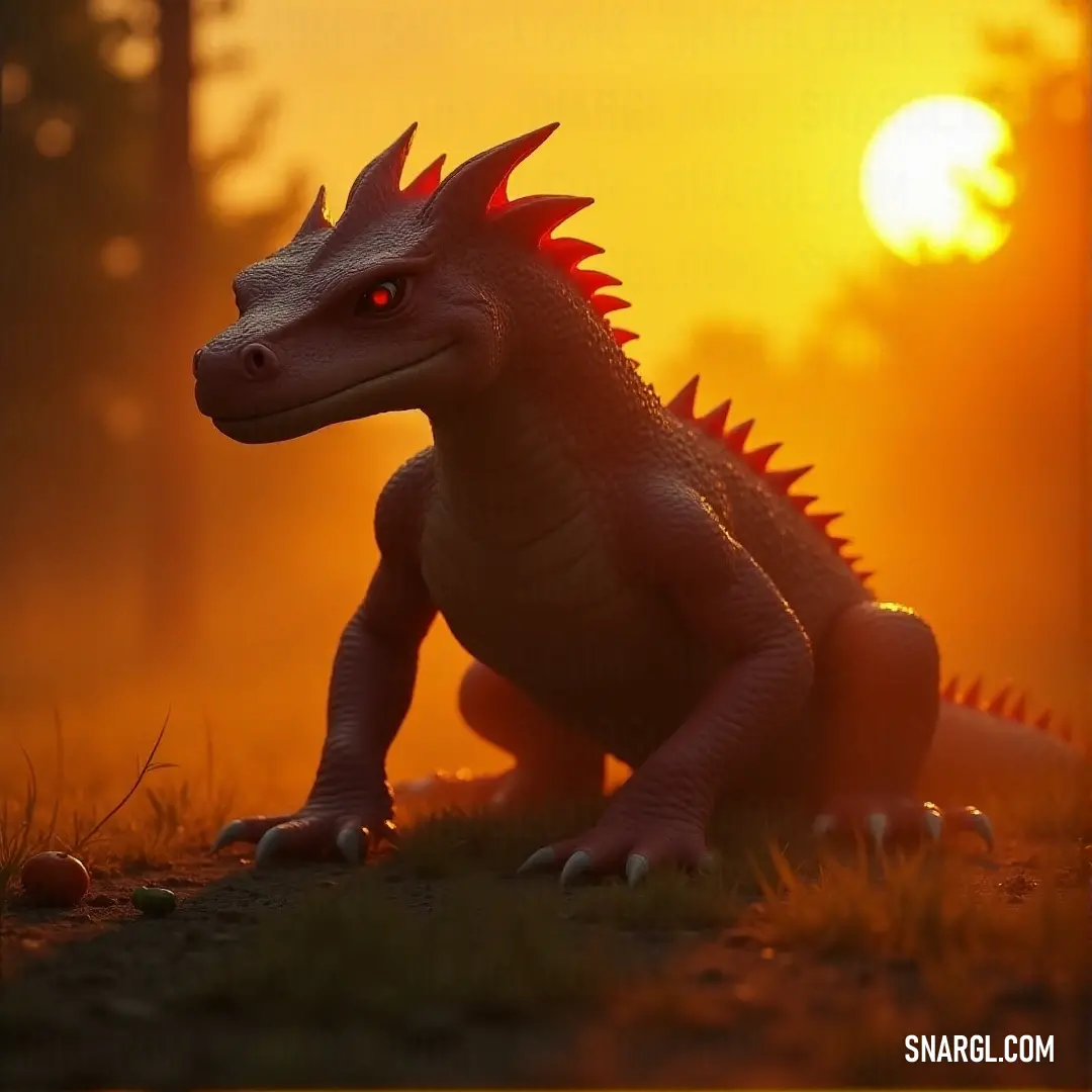 A small toy salamander lies on the ground, bathed in the warm light of a sunset. The silhouette of trees adds depth to the peaceful, yet slightly mysterious scene. A toy salamander rests on the ground before a stunning sunset, with trees silhouetted in the background. The vibrant orange and yellow sky casts a warm glow on the scene, creating a peaceful yet surreal atmosphere.