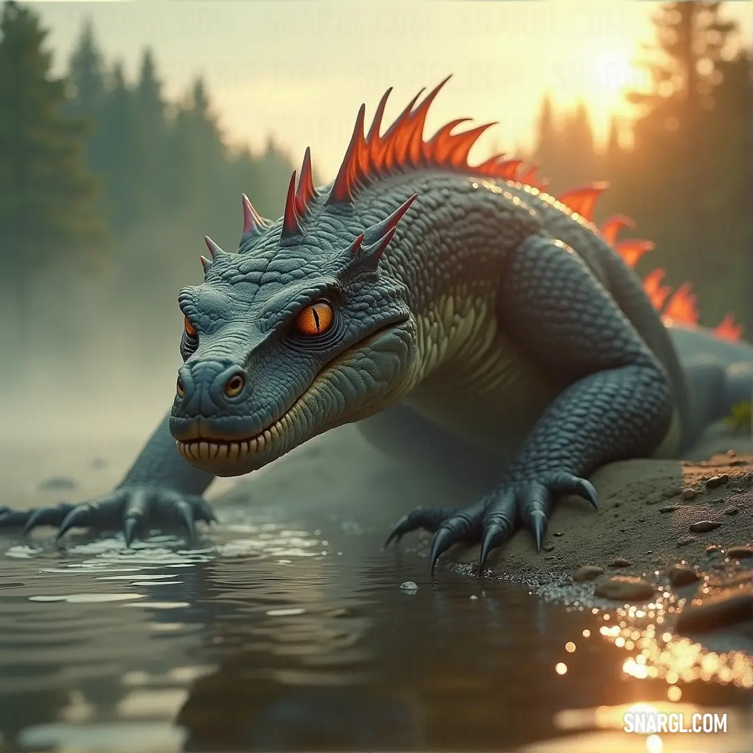 The Blazing Serpent slithers through the water, its glowing orange eyes piercing the darkness as it coils in the reflection of the water. Its fiery body contrasts with the serene surroundings, creating an eerie and awe-inspiring scene.