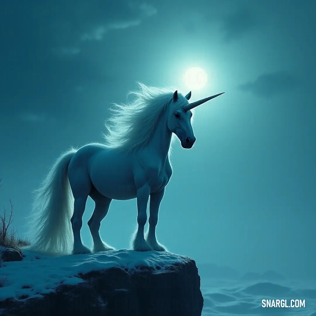 A White Blazing Unicorn, aglow under the luminous full moon, stands proud on a cliff, embraced by clouds that dance with the night sky. Against a celestial backdrop, a stunning White Blazing Unicorn stands majestically on a cliff, illuminated by the radiant glow of a full moon, creating an otherworldly scene that ignites the imagination.
