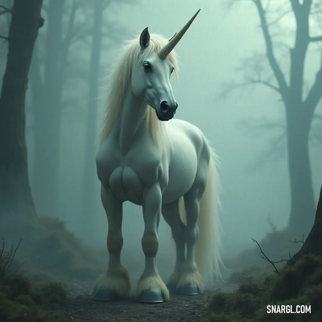 A luminous White Blazing Unicorn poses gracefully in a misty forest, its brilliance contrasting beautifully with the surrounding shadows. A striking White Blazing Unicorn stands valiantly in a fog-immersed forest, the twisted branches and towering trees framing its luminous figure, surrounded by an air of mystery and elegance.