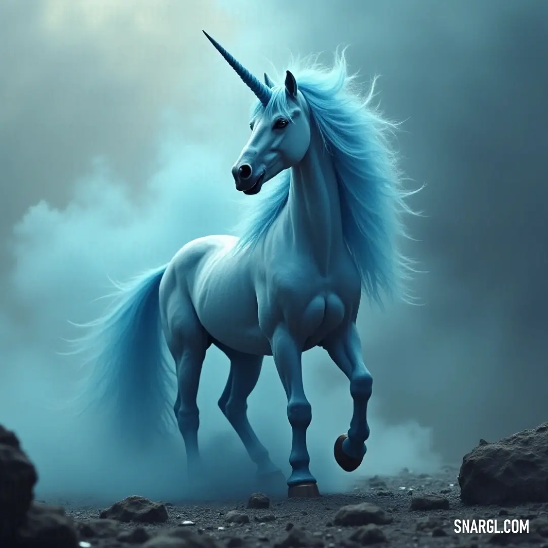 A white unicorn with blue hair running through clouds and rocky landscapes, filled with motion and dramatic intensity. A white unicorn with striking blue hair gallops through a surreal landscape of clouds and rocky terrain. The scene is filled with motion and intensity, as the unicorn’s long mane and powerful form are highlighted by the sky and rocky foreground.