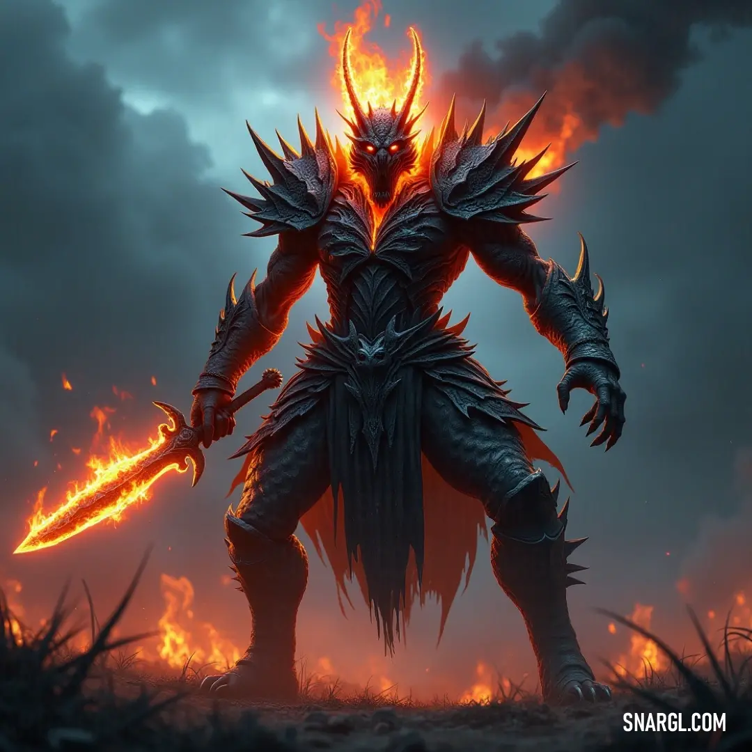 A fiery, demonic wraith grips a sword, standing tall in a fiery storm of flames. Its blazing form radiates heat and destruction as it prepares to unleash havoc. A blazing wraith, wrapped in fiery energy, holds a sword as flames swirl around it. Its ominous presence casts an aura of intense heat, as it emerges from the inferno ready to strike.