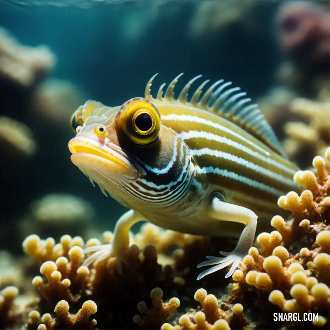 Fish that is on a coral in the water with other fish around it and some corals