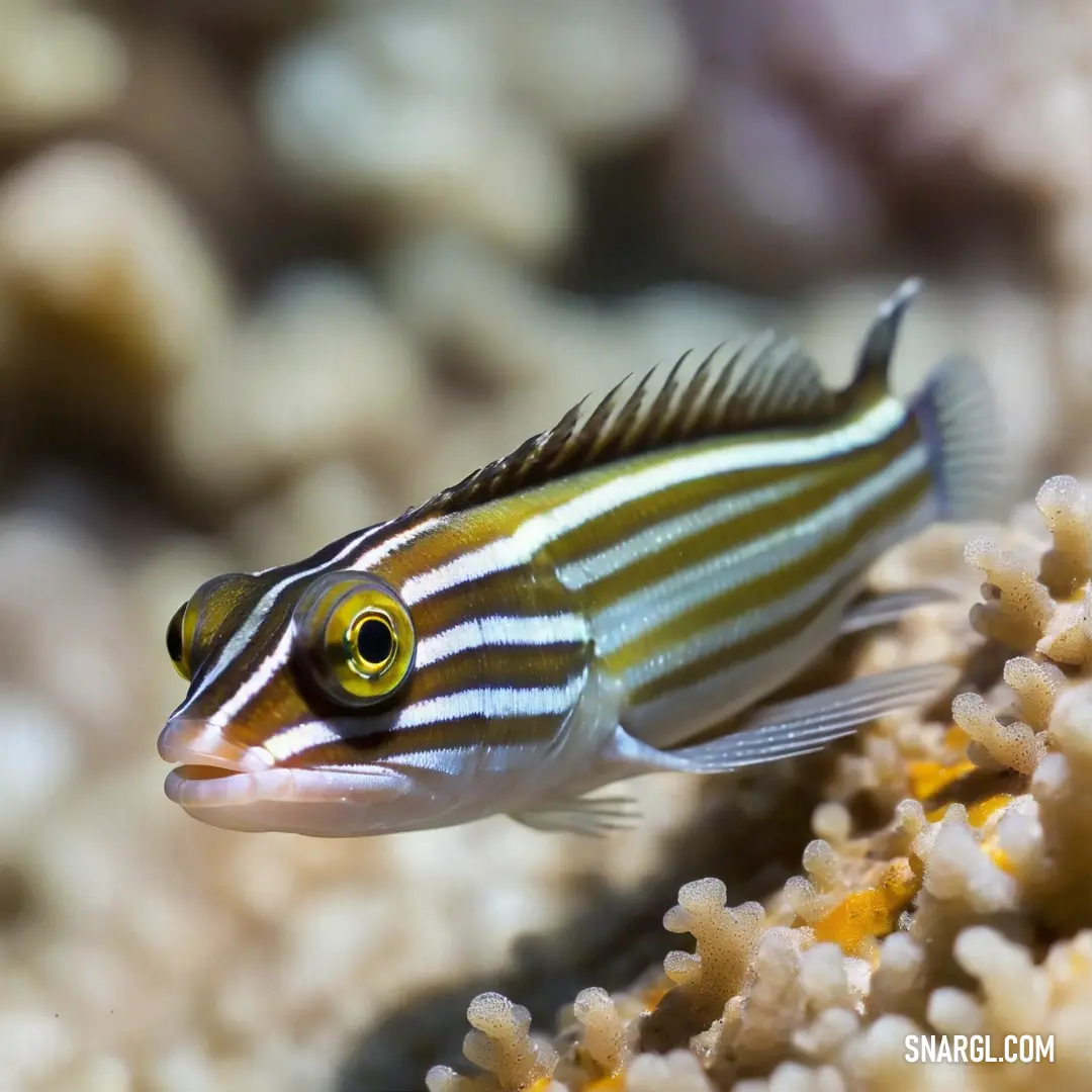 Fish that is on a coral in the water with a yellow stripe on it's face, Chippy