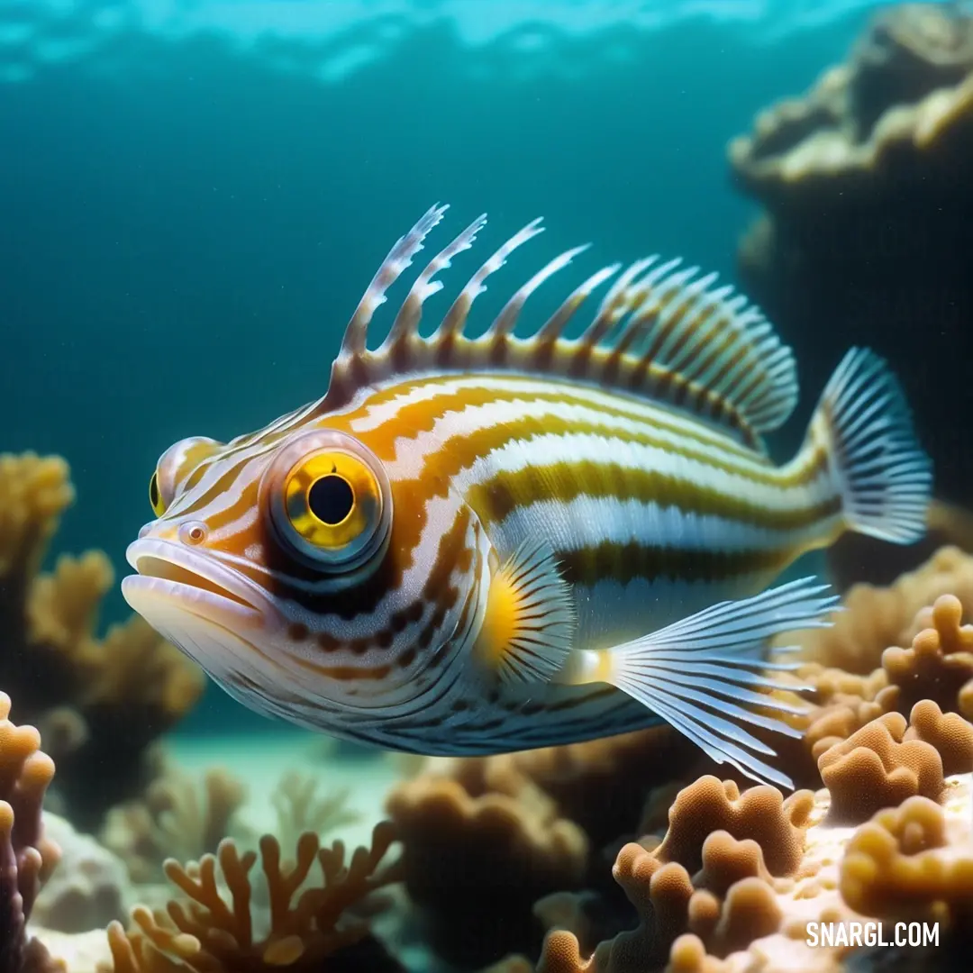 Fish that is swimming in some water near some corals and seaweeds on the ocean floor