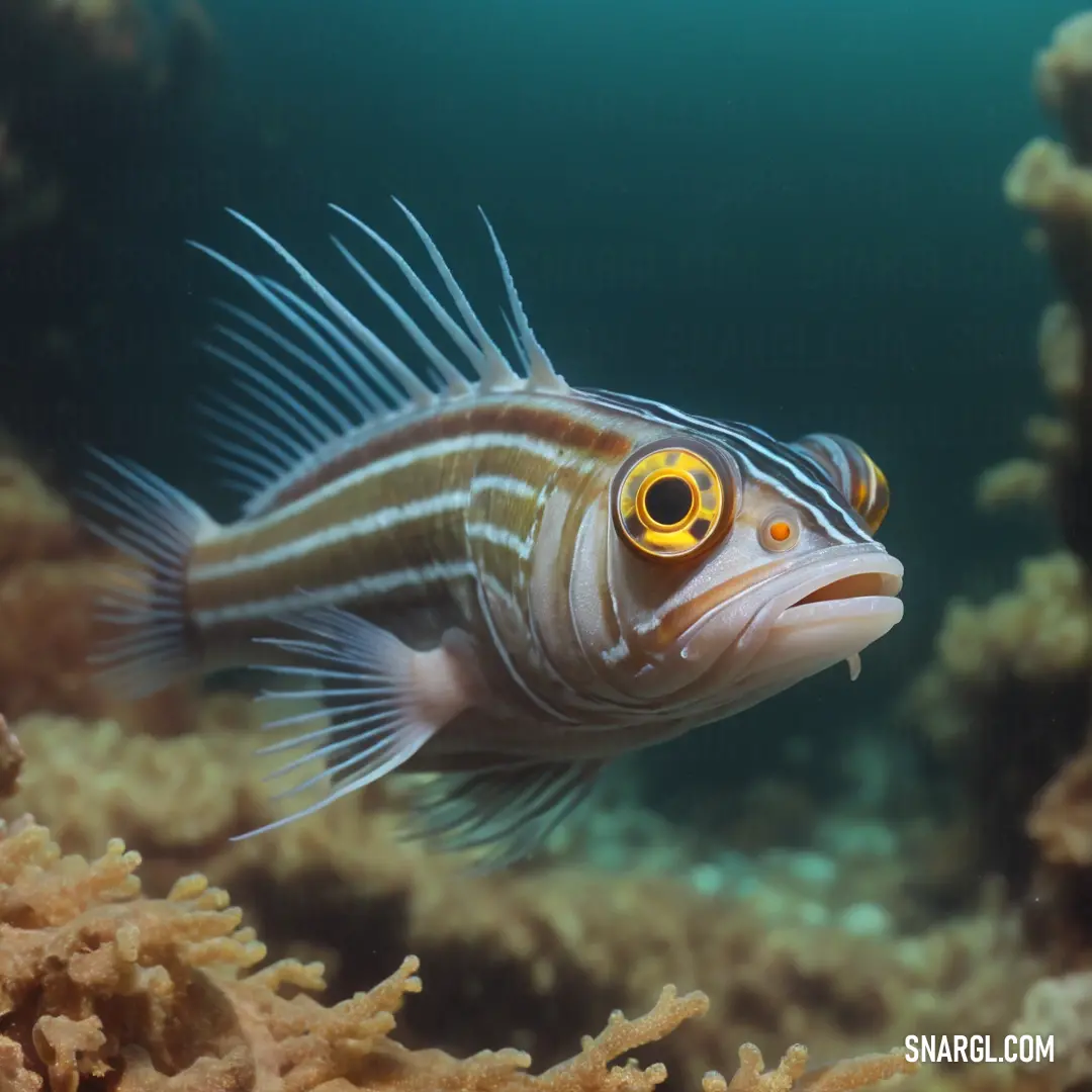 Fish with a yellow eye is swimming in the water near some corals and sponges of coral