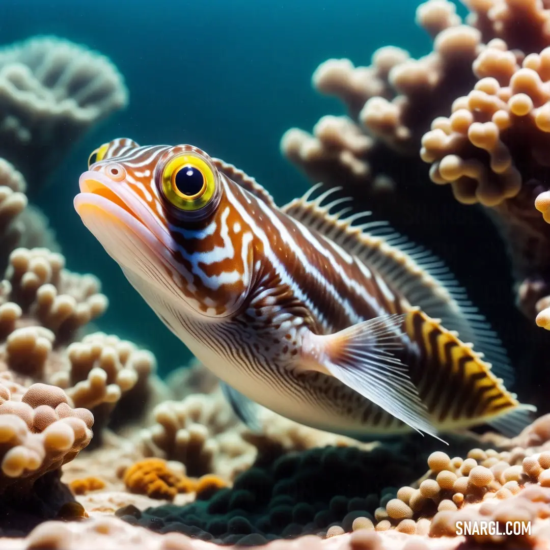 Fish with a yellow and black stripe on its face and some corals in the background