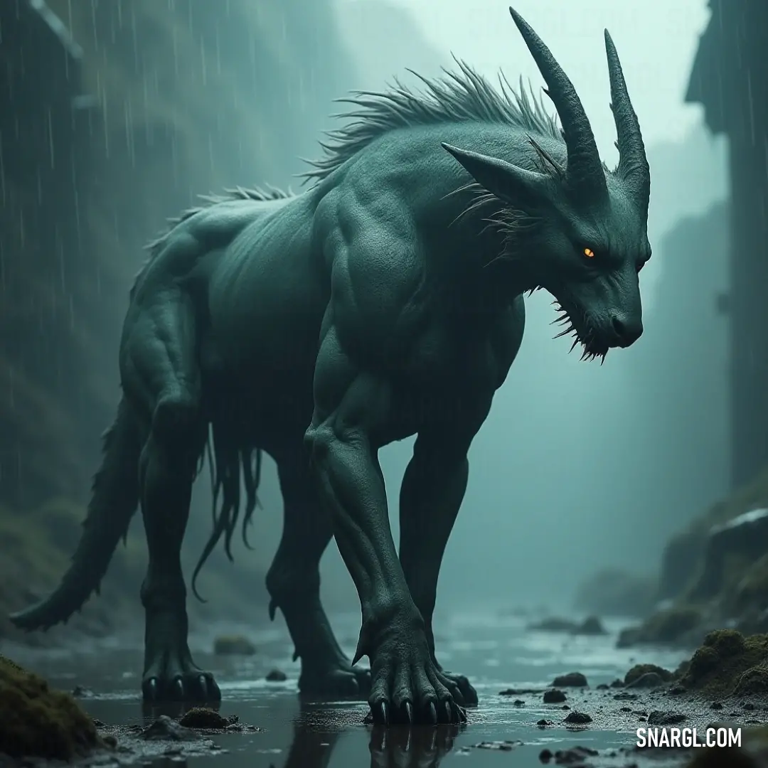 Amidst a cascade of rain, the Blightclaw walks with elegance through a vibrant fantasy setting, its elongated tail and majestic horns creating a striking figure against the backdrop of rushing waters and lush greenery. Blightclaw strides gracefully through a rainy fantasy landscape, its long tail swaying beneath a heavy downpour, reflecting a haunting beauty as water cascades around it, merging seamlessly with the shimmering stream.