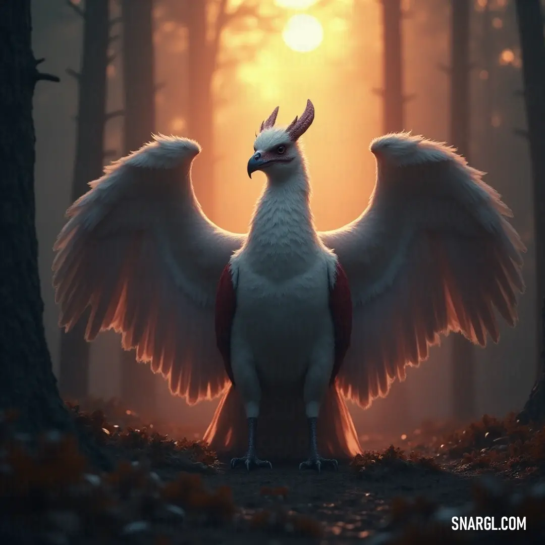 A splendid Blindingwing with a large white head and wide wings stands majestically in a sunlit forest, accentuating the beauty of nature around it. Nestled in a sun-kissed forest, a Blindingwing with a large, bright white head and expansive wings stands proudly. The dappled sunlight filtering through the trees enhances its majestic presence, embodying the serenity of nature's beauty.
