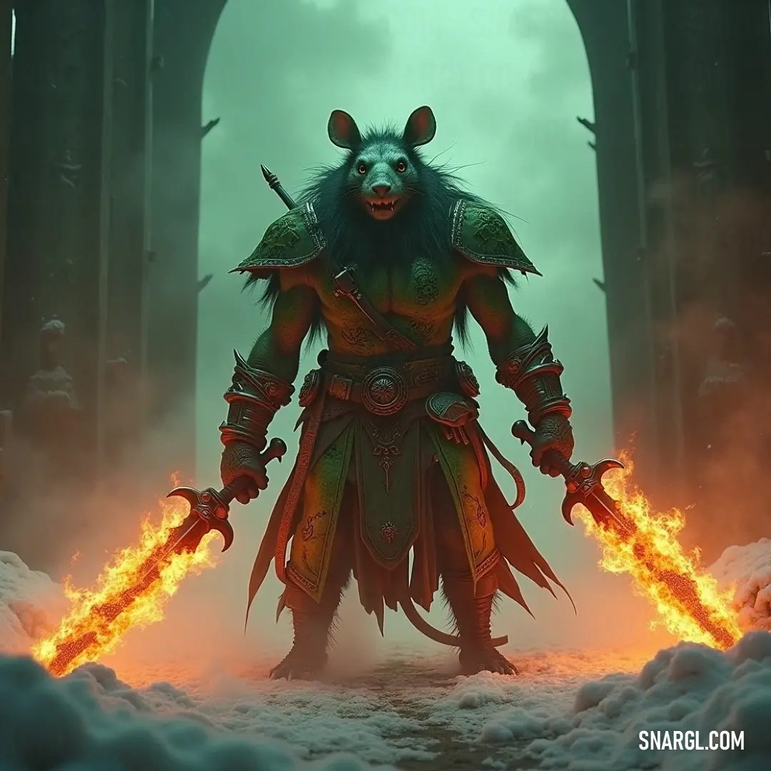 Blix, with a demonic face and horns, holds two fire torches against a snowy backdrop, with distant arches adding to the eerie atmosphere. A demon-like figure, Blix, emerges from a snowy landscape. Their face twisted with horns and fierce expression, Blix wields two fiery torches, casting shadows on the snow. The distant arches create a mysterious, otherworldly atmosphere in the chilly setti