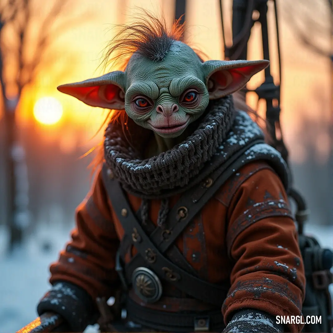 Yoda doll stands in the snow at sunset, draped in a scarf, as the golden light of dusk illuminates his wise face. A Star Wars Yoda doll, decked out in a scarf, poses in the snow during a sunset. The soft glow of the setting sun contrasts with the cold, snowy ground, highlighting the doll’s wise and serene expression.