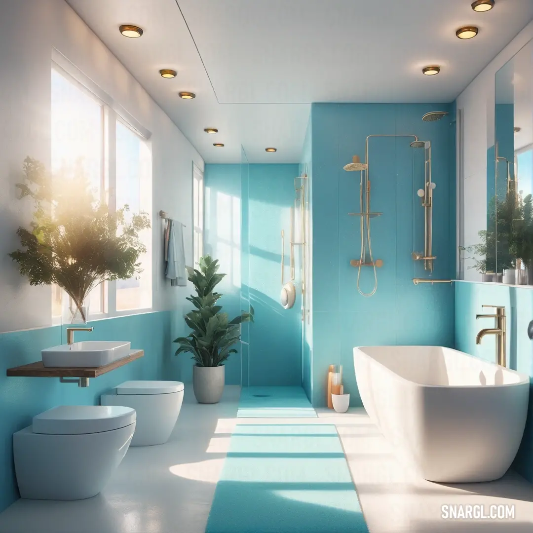 Bathroom with a blue and white floor and walls and a tub and toilet and a plant in a pot. Color Blizzard Blue.
