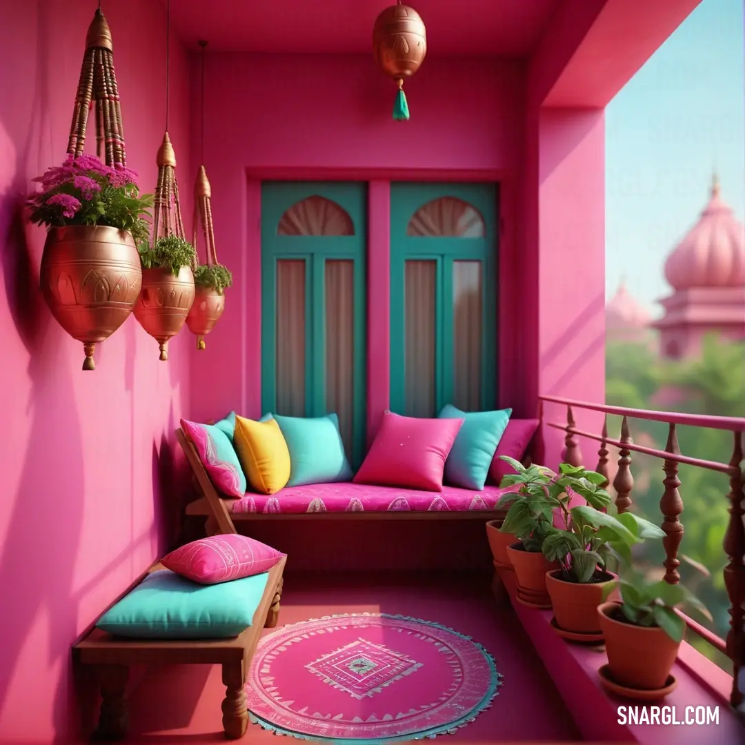 Balcony with a pink wall and a pink rug and a pink couch with colorful pillows. Color #ACE5EE.