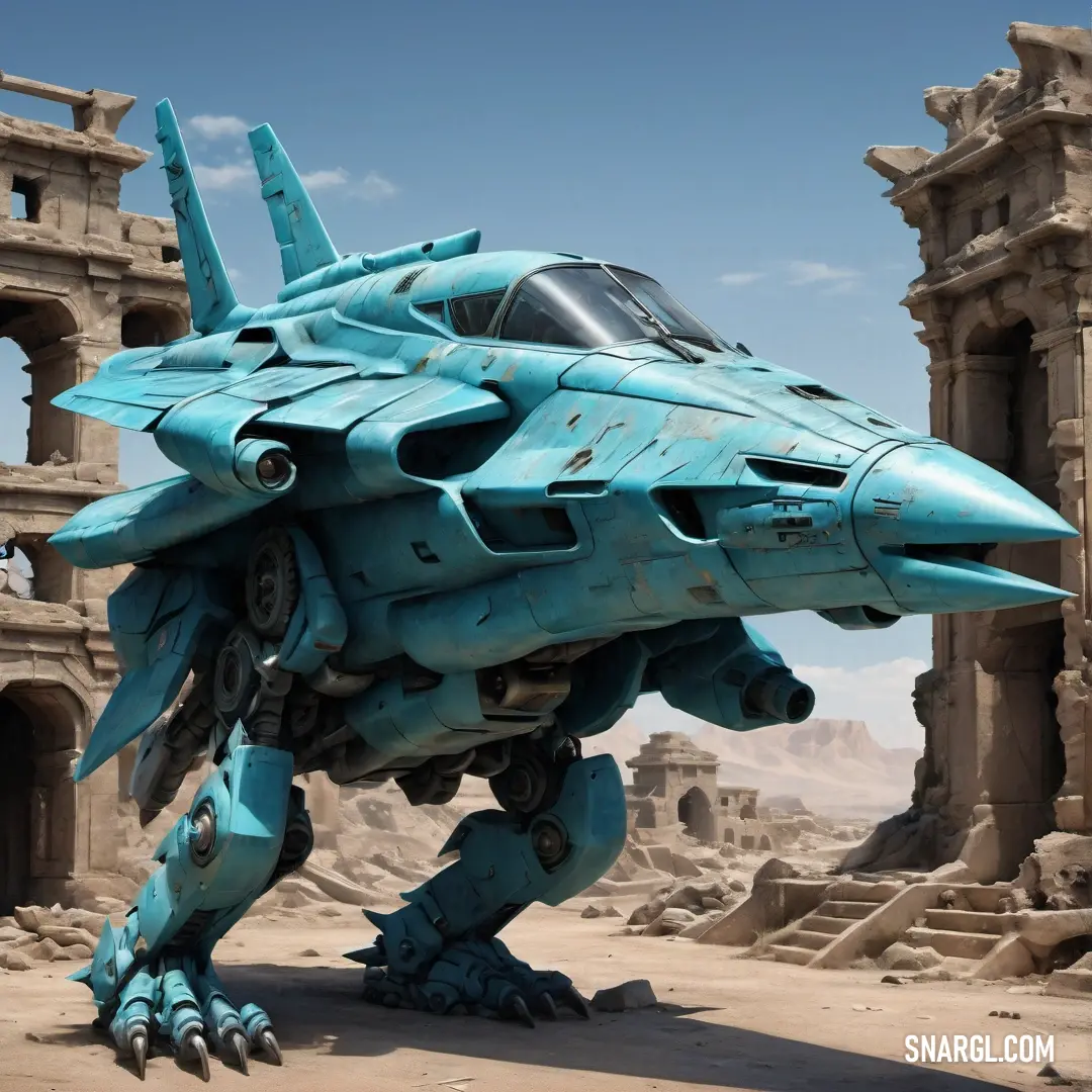 Futuristic fighter jet is in a desert setting with ruins. Color Blizzard Blue.