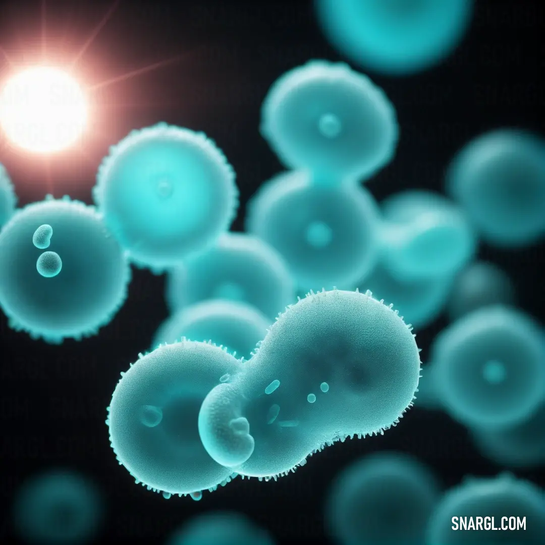 Group of blue bubbles floating in the air with a bright sun in the background. Example of #ACE5EE color.