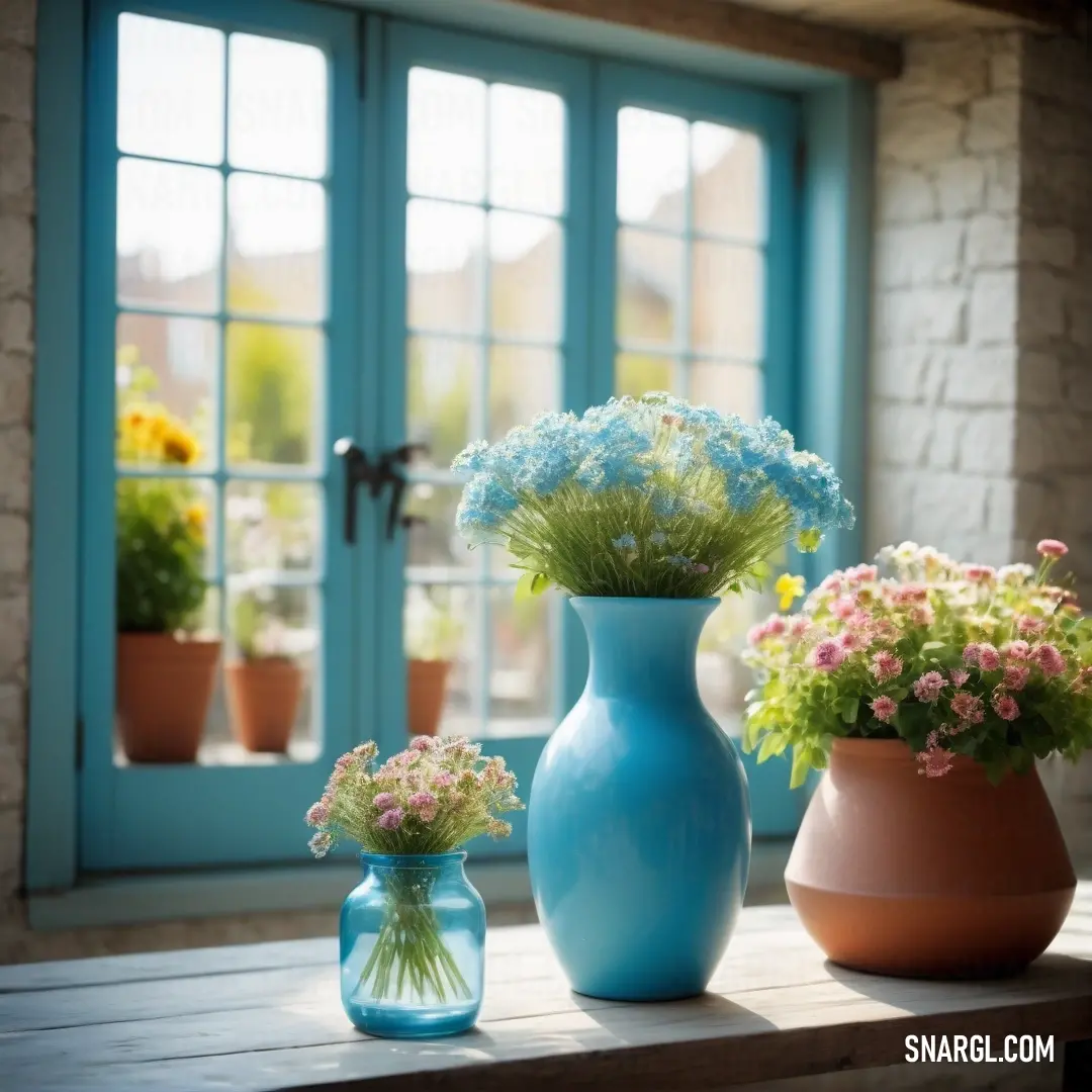 Three vases with flowers on a table in front of a window with blue shutters. Example of CMYK 28,4,0,7 color.