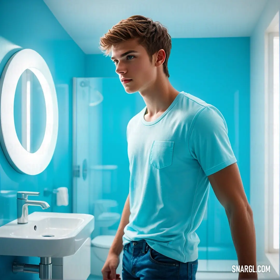 Blizzard Blue color example: Young man standing in a bathroom with a sink and mirror in the background