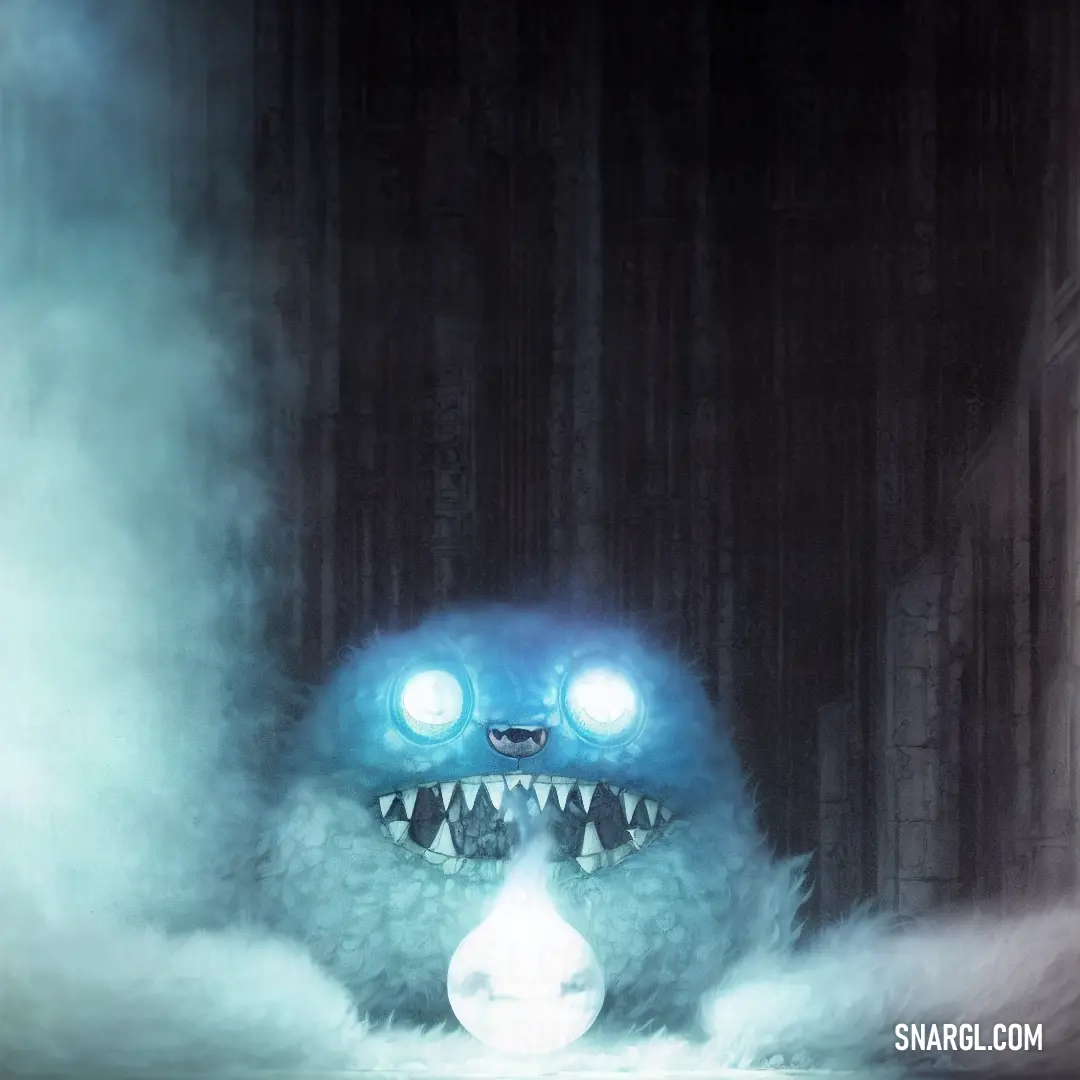 Cartoon character with glowing eyes and a creepy face with a glowing light on his face and mouth