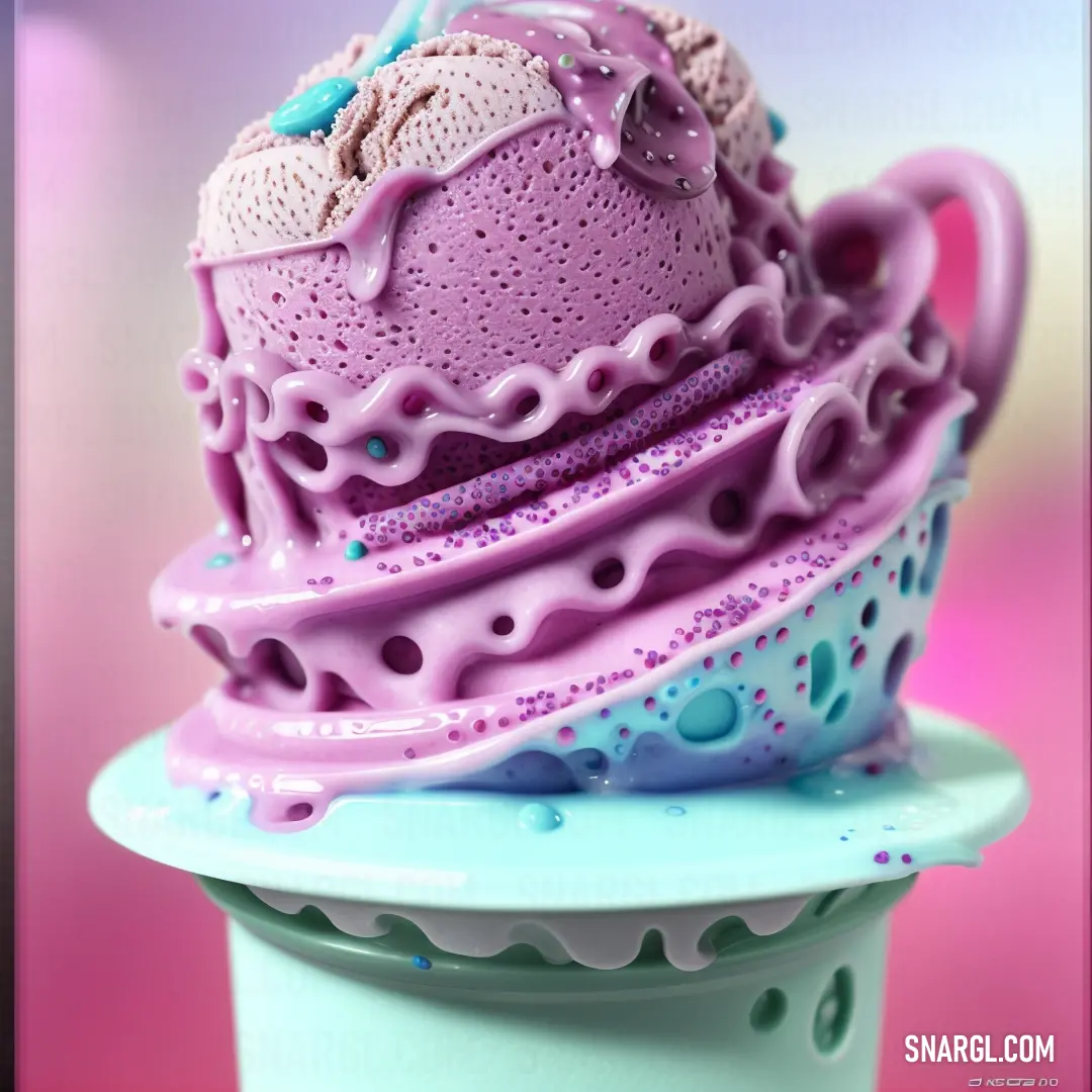 Cupcake with a pink frosting and blue icing on top of it on a plate on a pink background