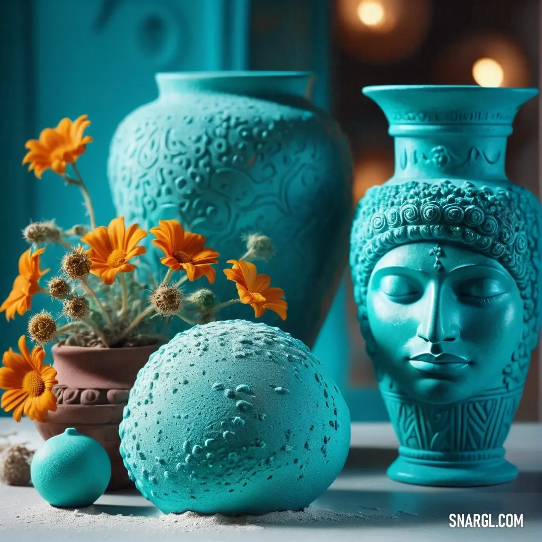 Vase with a face on it next to a vase with flowers in it and a ball. Color RGB 172,229,238.