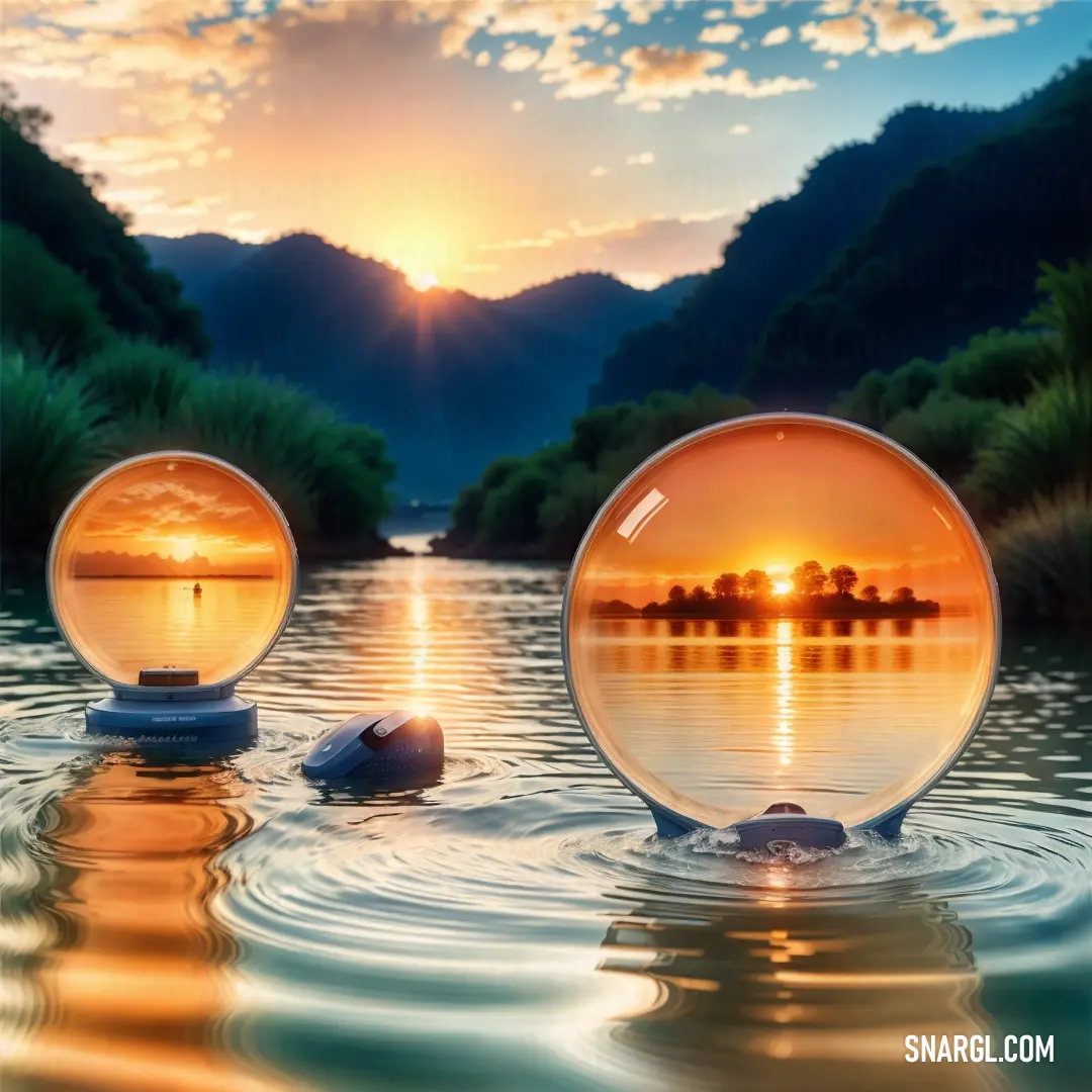 Couple of balls floating on top of a lake next to a forest covered hillside at sunset