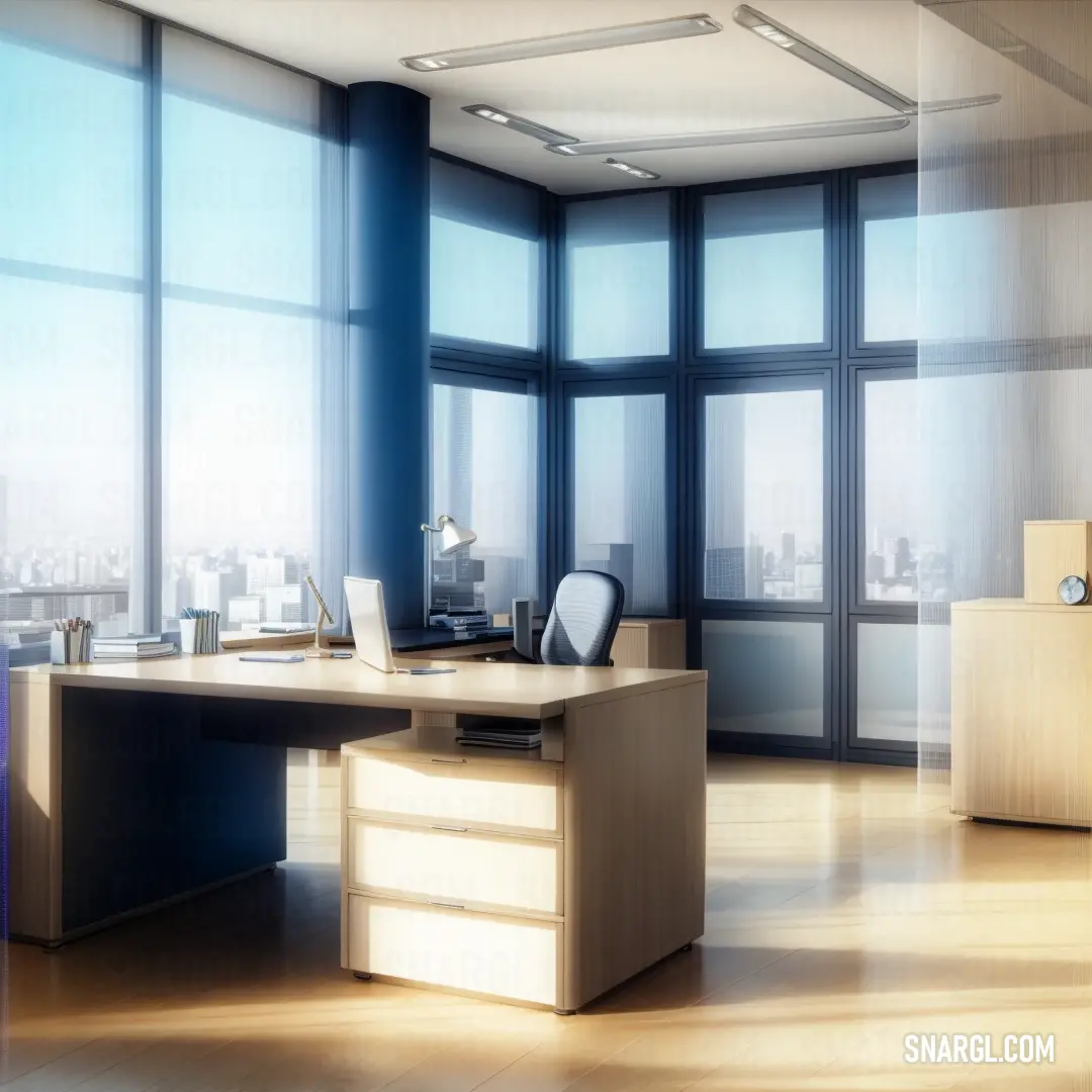 Desk with a laptop on it in a room with large windows and a city view in the background