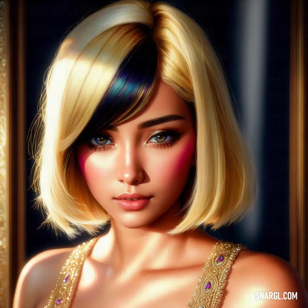 Digital painting of a woman with blonde hair and blue eyes wearing a gold dress and a necklace