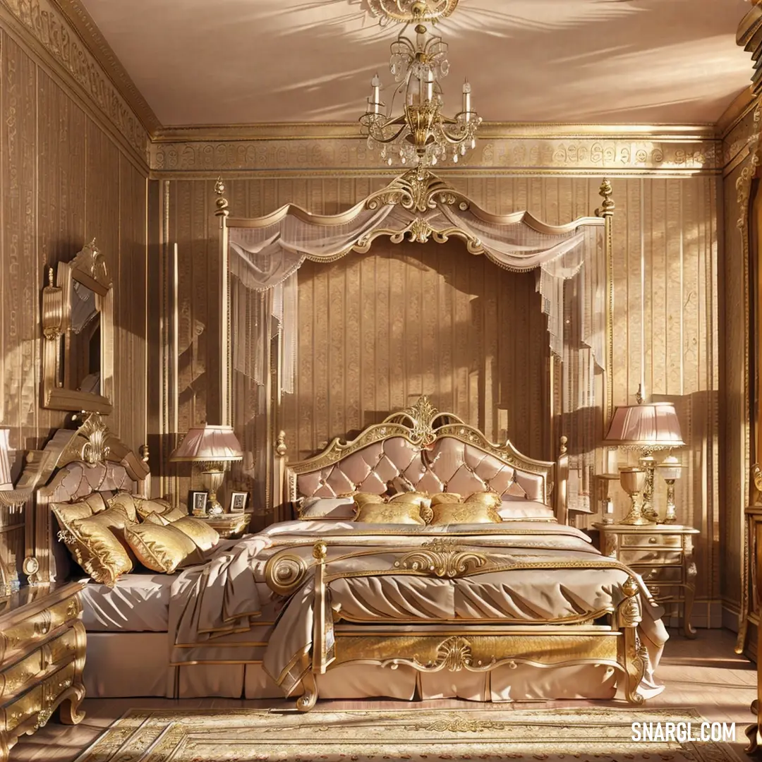 Fancy bedroom with a gold bed and chandelier and a chandelier hanging from the ceiling