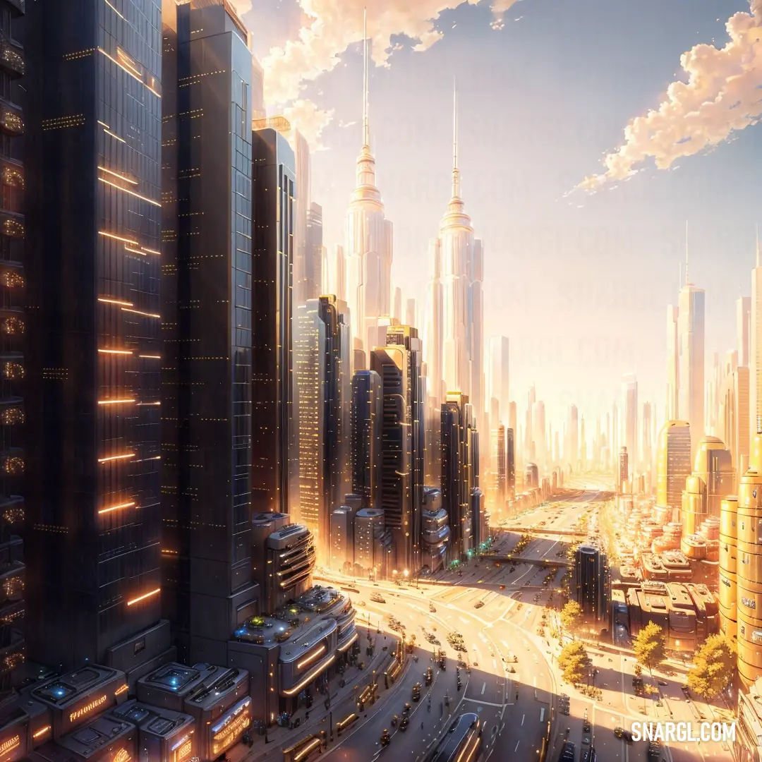 Futuristic city with skyscrapers and cars on a street in the foreground